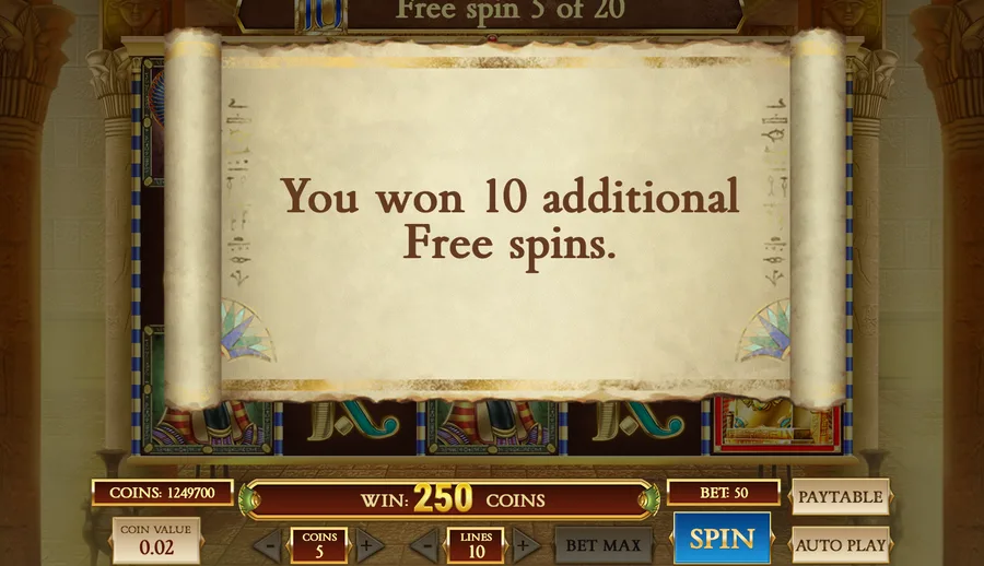 Book of Dead scroll announcing ten additional free spins during the feature Book of Dead scroll announcing ten additional free spins