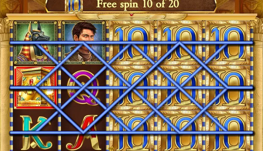The ten symbol expanded across three reels of Book of Dead during free spins The ten symbol expanded across three reels